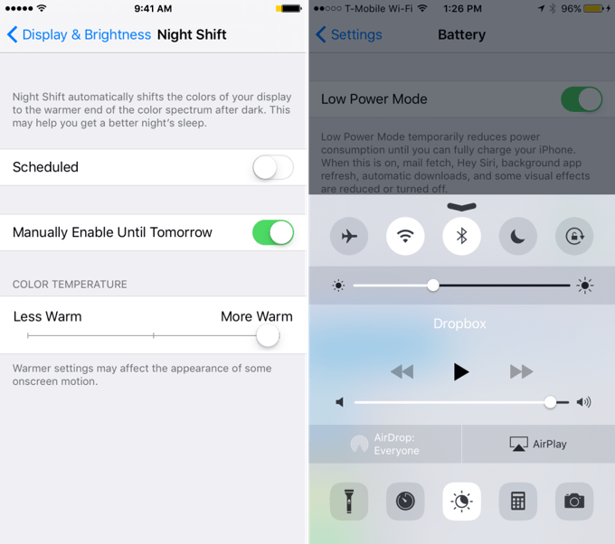 iOS 9.3.2 beta 2 低電力モードとNightShiftの併用