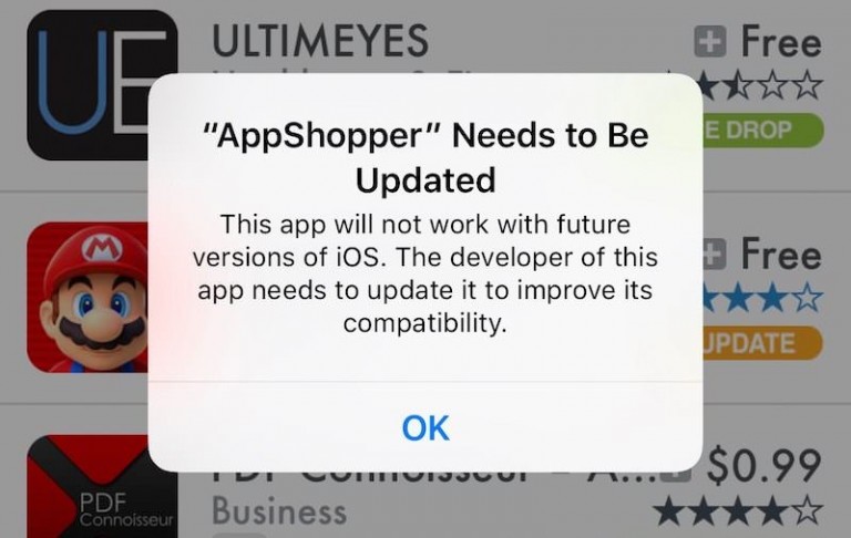 【iOS10.3】32bitアプリを起動すると「将来のiOSのバージョンでは動かない可能性」と警告が表示される