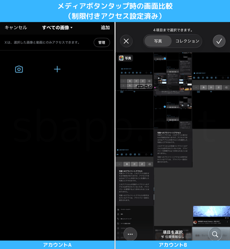 X：メディアボタンタップ時の比較