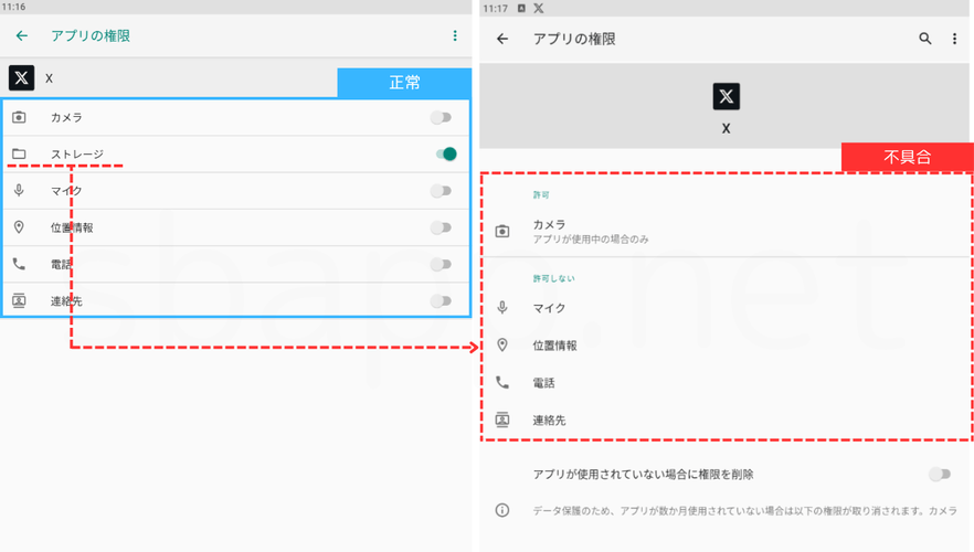 Android版X、アクセス権限の比較