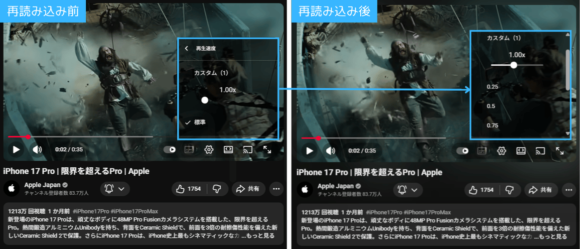 YouTube:ページ再読み込みで再生速度機能が改善