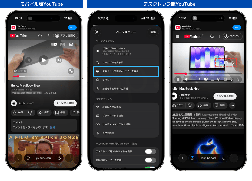 ブラウザ版YouTubeをデスクトップに切り替えると、10秒スキップが機能する