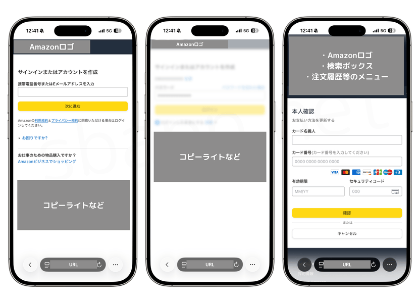 実際に調査したフィッシングサイト。Amazonアカウント、カード情報の窃取をする悪意あるサイト。