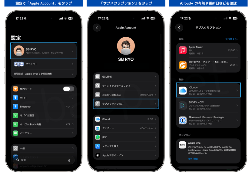 Apple Accountの設定でサブスクリプションの状況を確認する手順