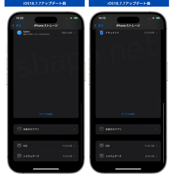 iOS18.7.7アップデート前後でストレージ使用量を比較した様子
