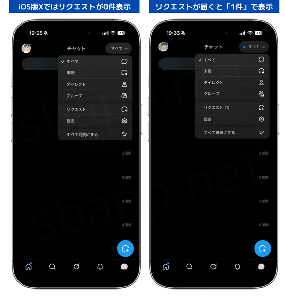 iOS版XのDMリクエスト件数の表示画面