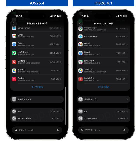 iOS26.4.1とiOS26.4のストレージ使用量を比較したスクリーンショット