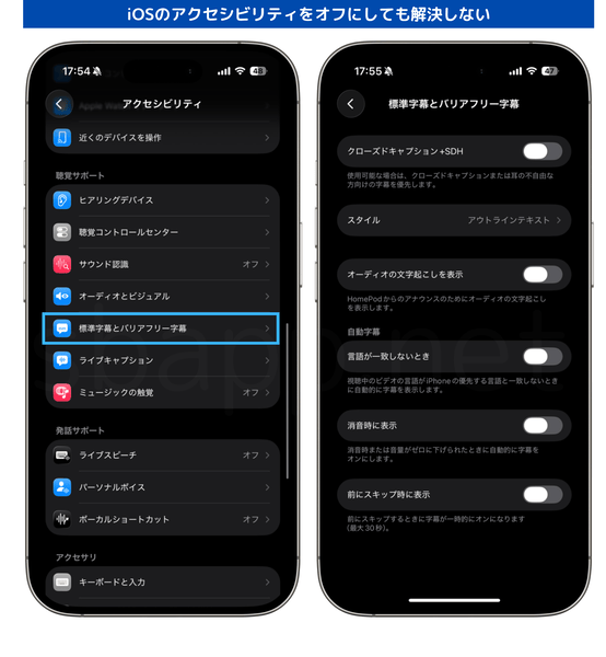 iPhoneの自動字幕に関連するアクセシビリティ設定画面