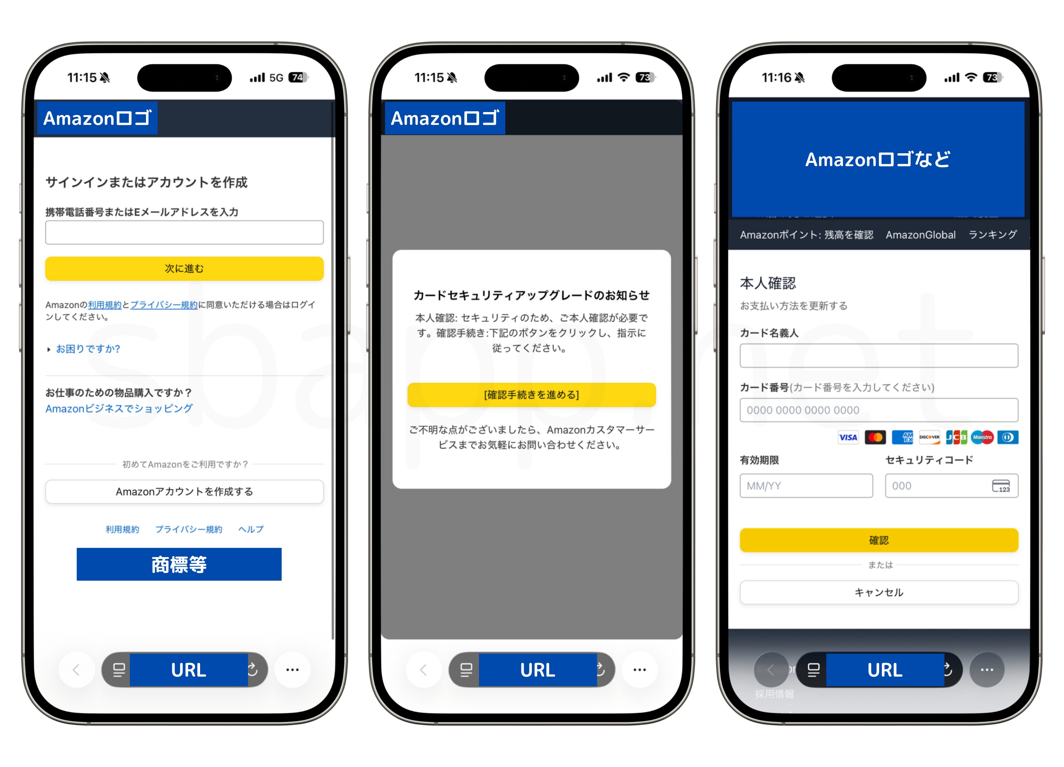 詐欺SMS「[アマゾン会員サービス]セキュリティ基準に基づき利用制限中です。(管理No:■■■ご確認へ：[URL]」の誘導先になっているフィッシング詐欺サイト