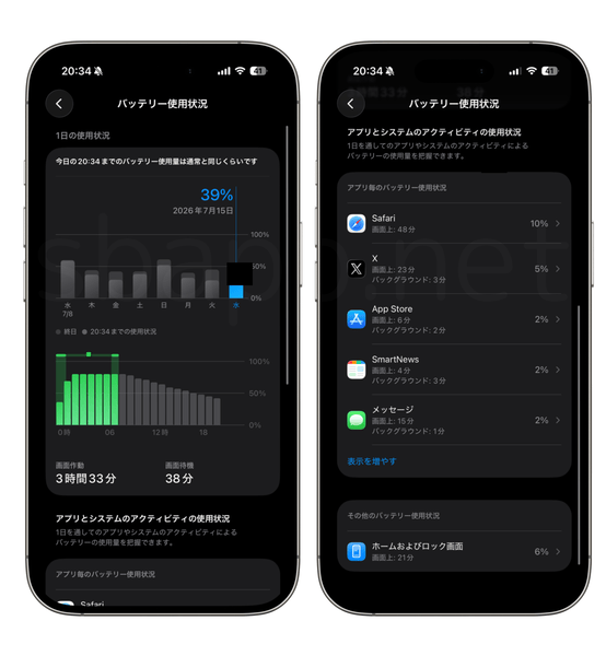 iOS26.5.2のバッテリー使用状況