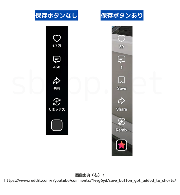 YouTubeショート動画、保存ボタンのUI比較